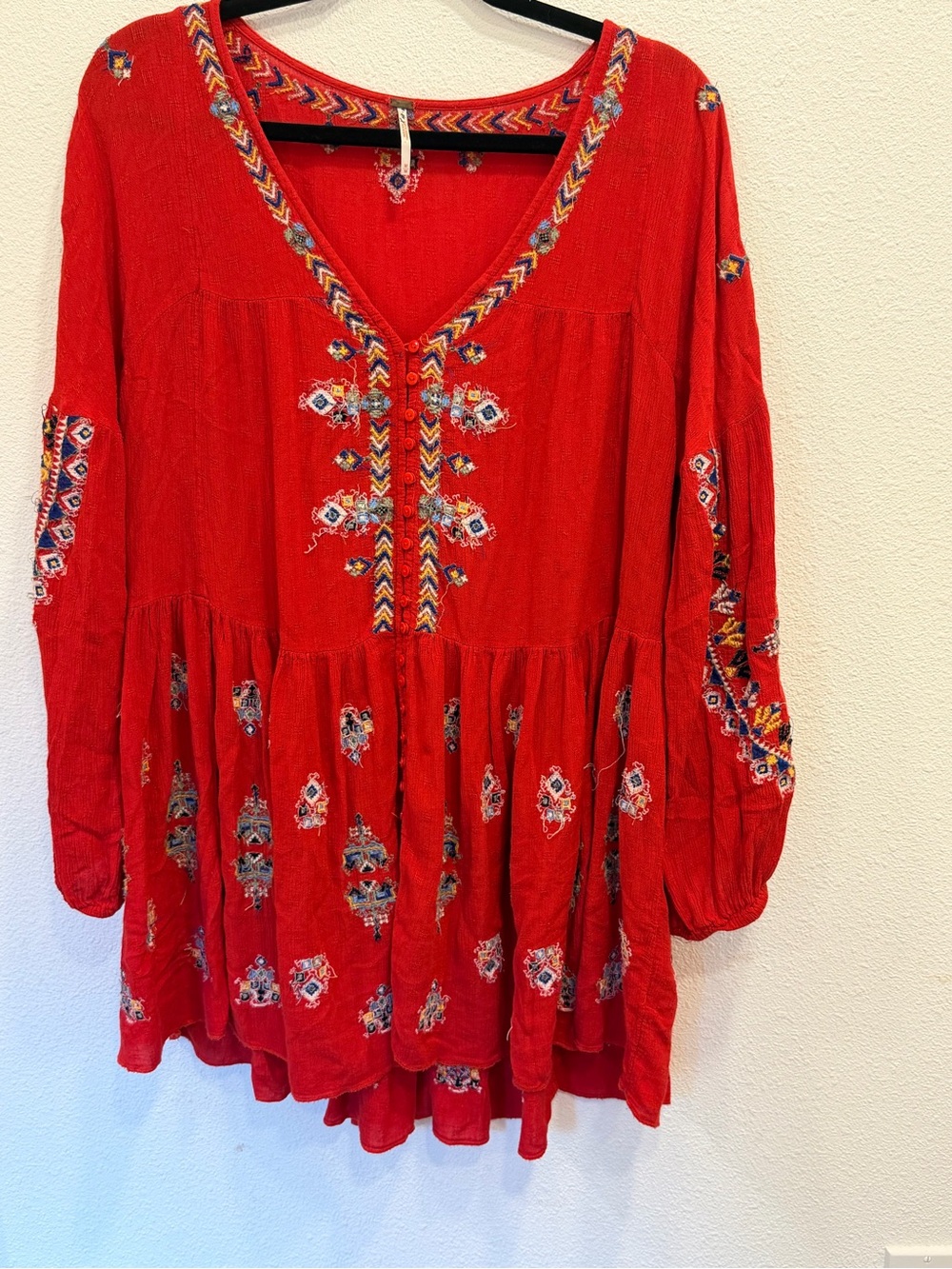 Free People Red Embroidered V-Neck Tunic